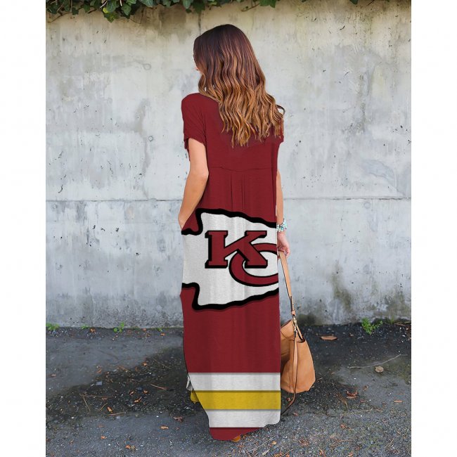 V-neck Kansas City Chiefs Print Short Sleeve Loose Long Dress