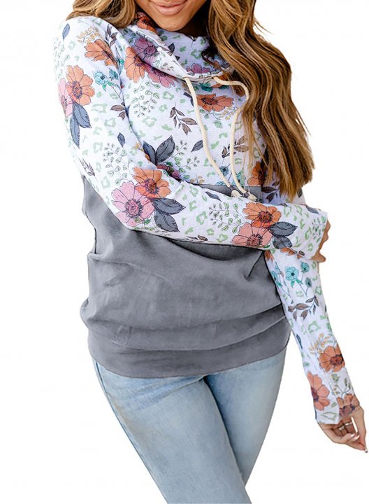 Color Block Long Sleeve High Neck Floral Sweatshirt