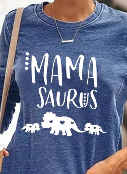 Women's T-shirts Mama Saurus Print Letter Solid Round Neck Long Sleeve Daily Casual T-shirts