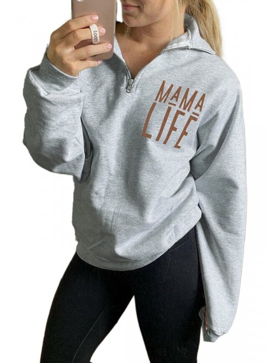 Solid Long Sleeve Letter V Neck Zip Front Sweatshirt