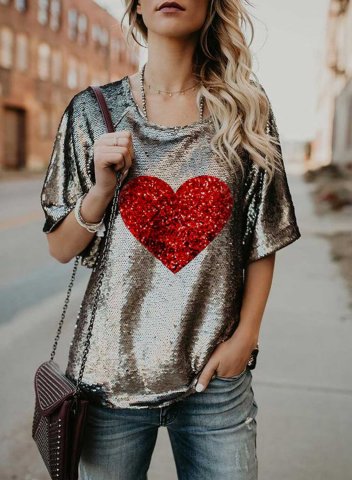 Women's Heart Print Sequin T-shirts Short Sleeve Round Neck Daily Festival Party T-shirt