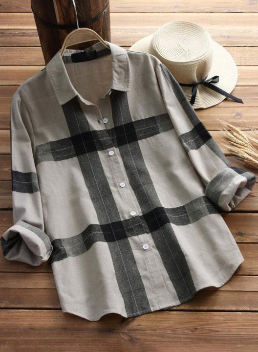 Women's Shirts Plaid Long Sleeve Turn Down Collar Office Vintage Shirt