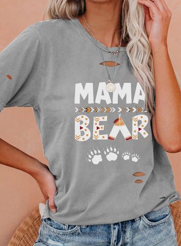 Women's Cute Mama Bear T-shirts Color Block Letter Short Sleeve Round Neck Casual Ripped T-shirt