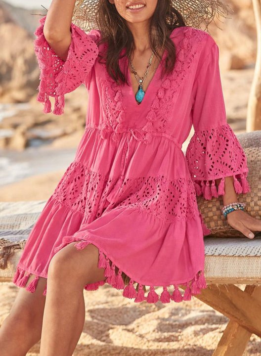 Women's Mini Dresses Fashion Solid 3/4 Sleeve Fit & Flare V Neck Tassels Dress