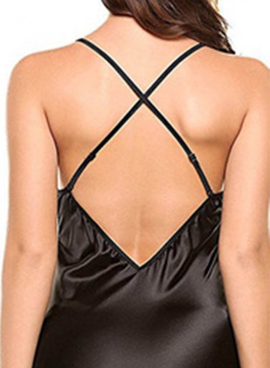 Women's Dress A-line Solid Adjustable Wire-free V Neck Spaghetti Open-back Lace Mini Dress