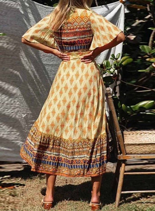 Women's Midi Dresses Tribal Short Sleeve Criss Cross V Neck Party Vacation Date Boho Vintage Midi Dress