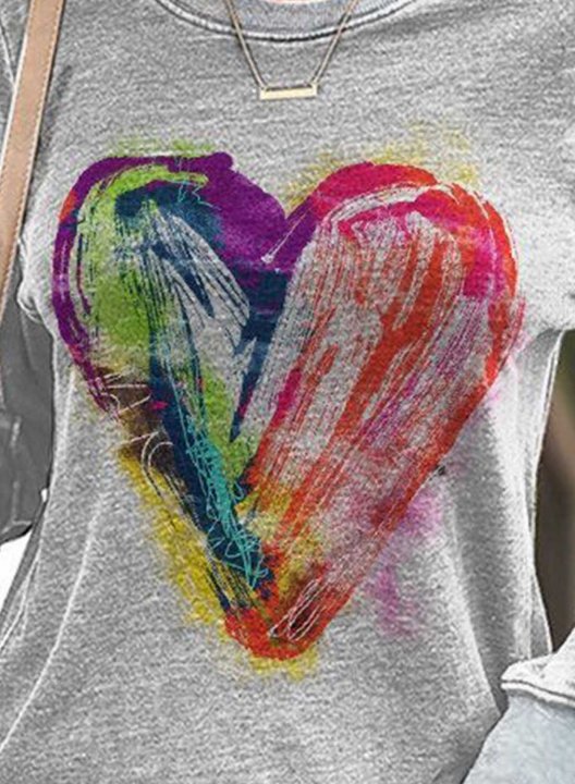 Women's Heart Print Sweatshirt Solid Long Sleeve Round Neck Casual T-shirt