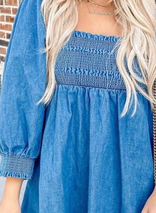 Women's Mini Dresses Fashion Solid Denim 3/4 Sleeve Square Neck Dress