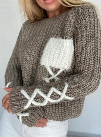 Women's Sweaters Color-block Long Sleeve Round Neck Cross Pocket Sweater