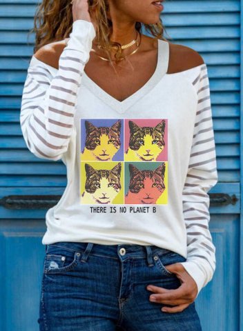Women's Graphic Sweatshirt Striped Cat Print Long Sleeve V Neck Cold Shoulder Casual Tops