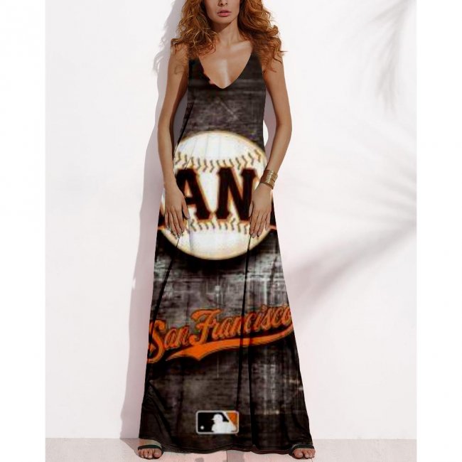 Women's Summer SAN FRANCISCO GIANTS Fan Print V-neck Sleeveless Loose Long A-line Dress