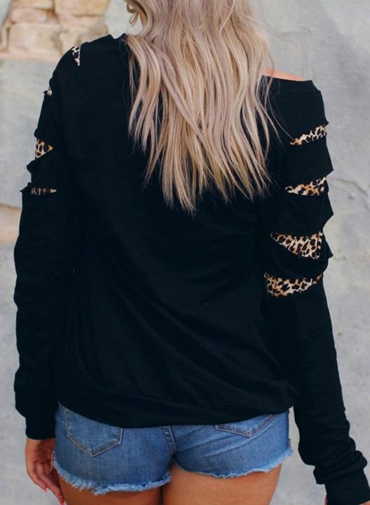 Women's Rock and Roll Sweatshirt Leopard Long Sleeve Cut-out Cold-shoulder Casual Pullover