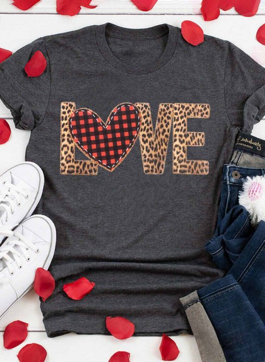 Women's T-shirts Letter Love Print Leopard Plaid Short Sleeve Round Neck Daily T-shirt