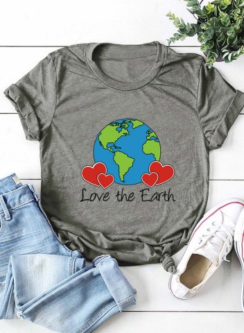 Women's Shirts Love The Earth Letter Graphic Short Sleeve Round Neck Casual Shirt