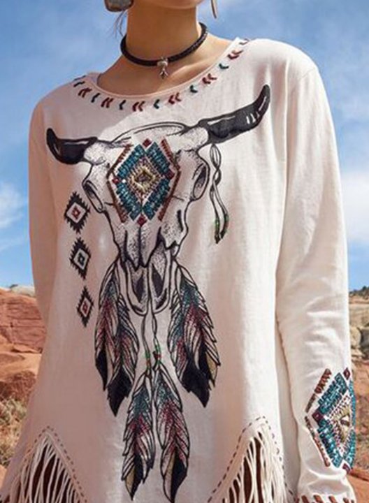 Women's Tunic Tops Tribal Color-block Long Sleeve Round Neck Fringe Tassels Tunic Top