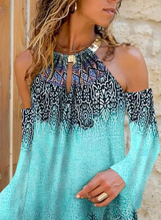 Women's Dress Tribal Fit & Flare Halter Long Sleeve Cold Shoulder Vacation Summer Boho Mini Dress