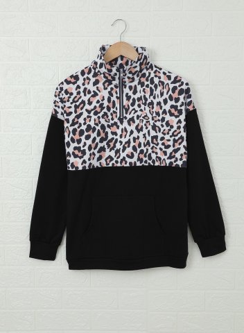 Color Block Leopard Long Sleeve Stand Neck Half Zip Sweatshirt