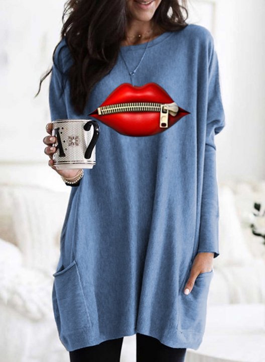 Solid Lips Print Long Sleeve Round Neck Tunic Sweatshirt