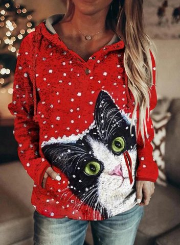 Women's Hoodies Animal Cat Print Color-block Long Sleeve Hoodie