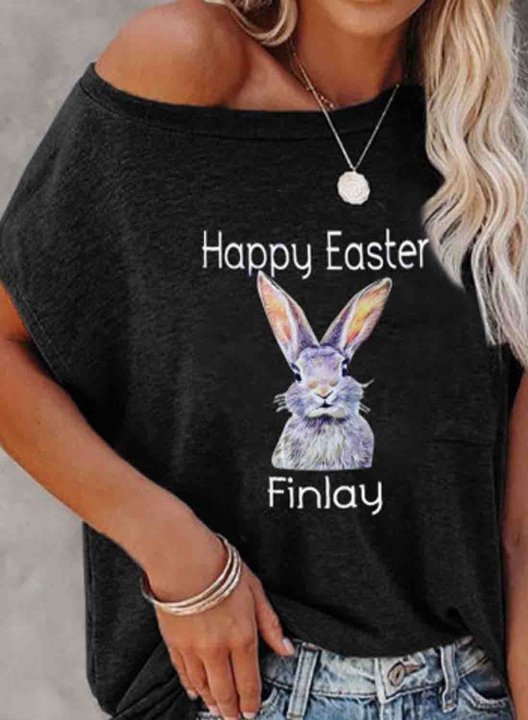 Women's Happy Easter Finlay Bunny Print T-shirts Solid Black Casual T-shirt