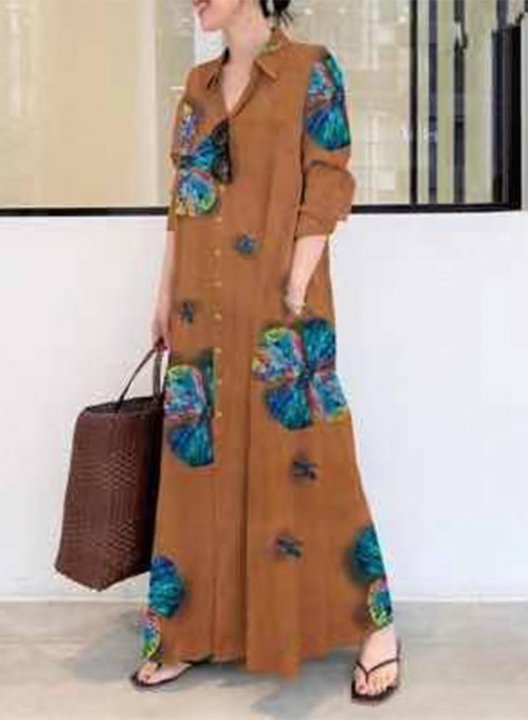 Women's Maxi Dresses Floral Long Sleeve Fit & Flare Turn Down Collar Casual Vintage Maxi Dress