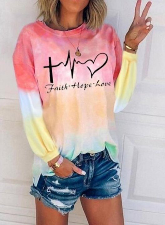 Women's Sweatshirts Heart-shaped Multicolor Letter Print Long Sleeve Round Neck Casual Sweatshirt