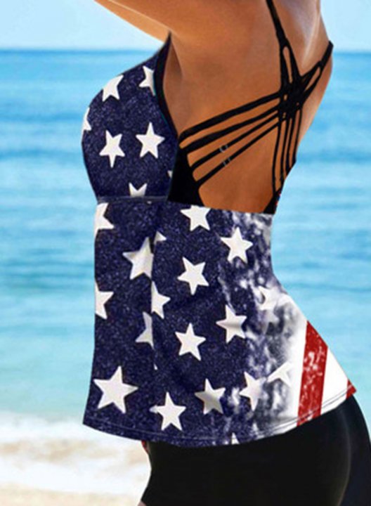 Women's Tankini Sets American Flag Print U Neck Criss Cross Halter Tankini Top With Swm Shorts Bottom