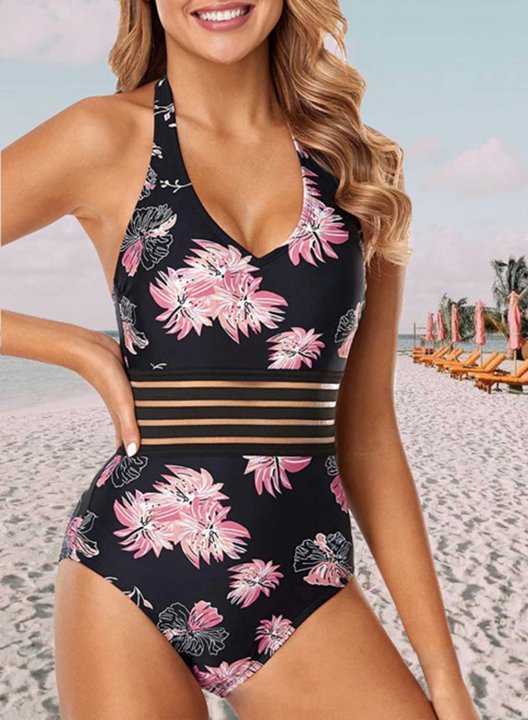 Women's One-Piece Swimsuits One-Piece Bathing Suits Cut Out Leopard Halter One-Piece Swimsuit