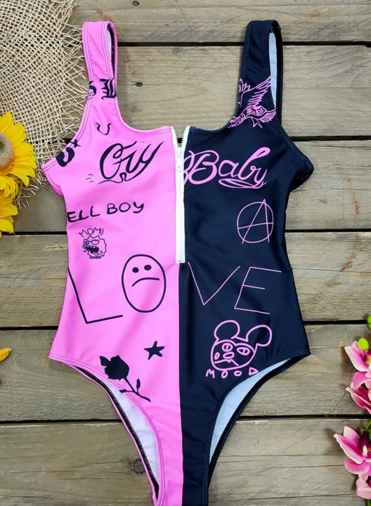 Women's One-Piece Swimsuits One-Piece Bathing Suits Letter Color Block Zip U Neck Swimsuits