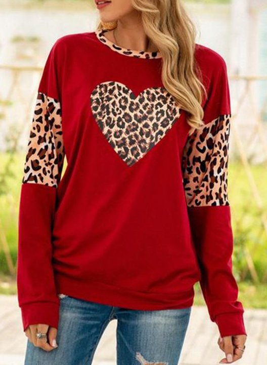 Women's Leopard Heart Sweatshirts Long Sleeve Round Neck Casual Sweatshirt