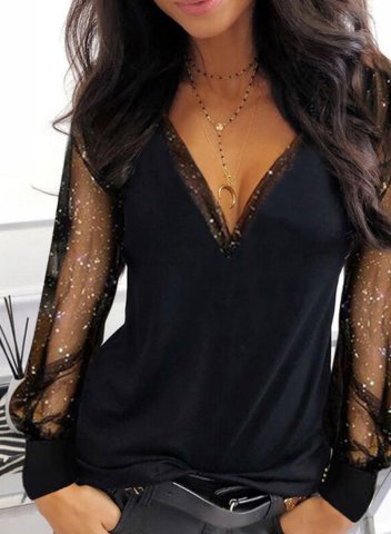 Women's Sexy Sequin Tops Long Sleeve V Neck Daily Sequin Lace T-Shirt