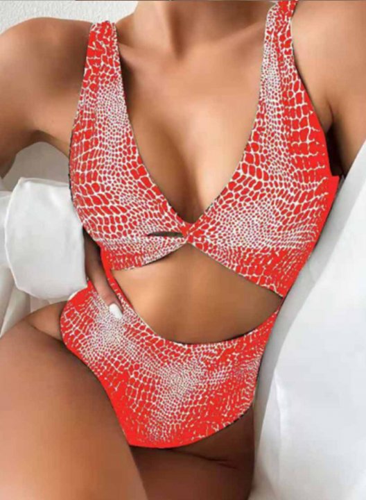 Women's One Piece Swimwear Animal Print V Neck Half Sleeve Twisted Vintage One-Piece Swimsuits One-Piece Bathing Suits