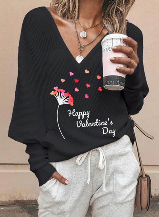 Women's Happy Valentine's Day Heart Print Sweatshirt Casual Letter Solid V Neck Long Sleeve Daily Sweatshirt