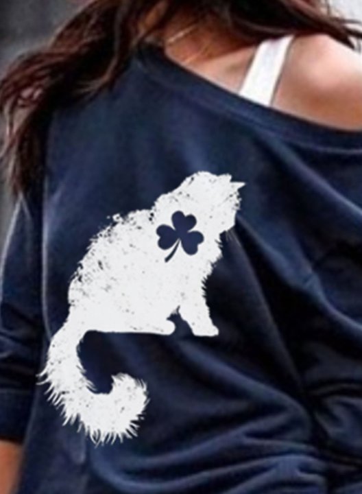 Women's St. Patrick's Day Cat Shamrock Print Sweatshirt Long Sleeve Cold-shoulder Daily T-shirt