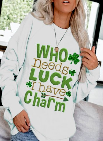 Women's St Patrick's Day Sweatshirts Who Needs Love I Have Charm Funny Slogan Print Sequin Long Sleeve Round Neck Casual Sweatshirt