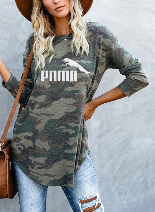 Camouflage Long Sleeve Lip Print Crew Neck Tunic Sweatshirt