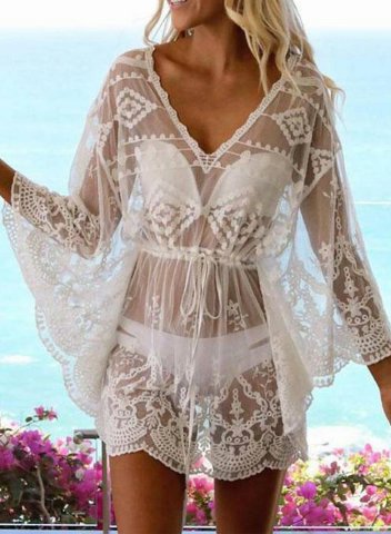 Women's Mini Dress Solid Lace Fit & Flare V Neck Long Sleeve Vacation Beach Mini Dress