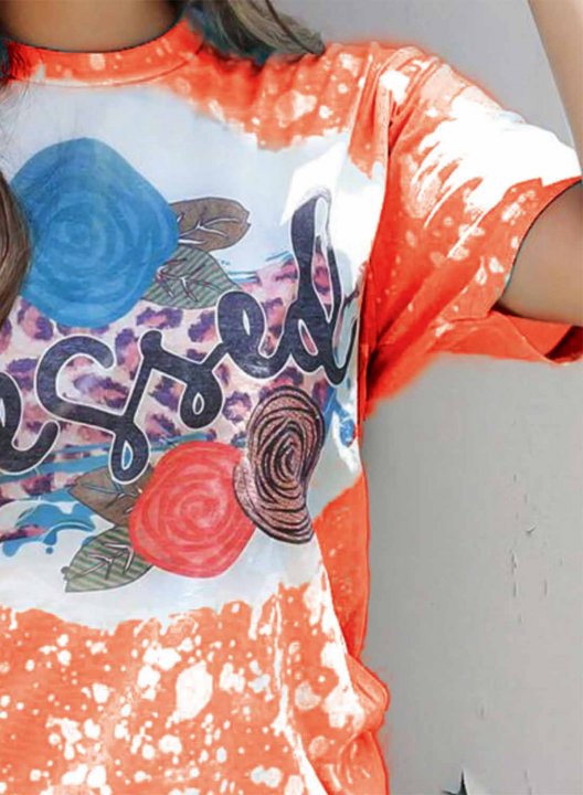 Women's T-shirts Color Block Tiedye Floral Letter Print Short Sleeve Round Neck Daily T-shirt