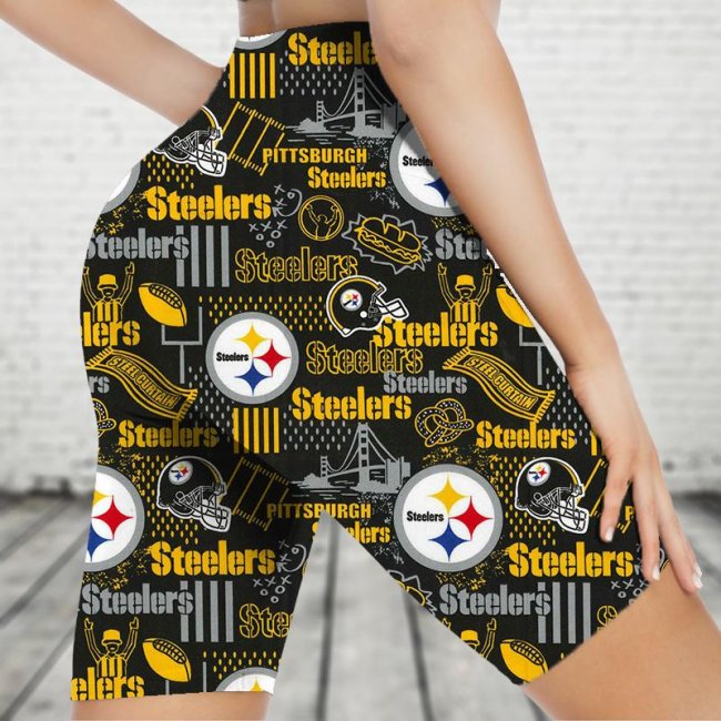 PITTSBURGH STEELERS Sports Stretch Fitness Running Side Pocket Shorts Tight-Fitting High-Waist Yoga Pants