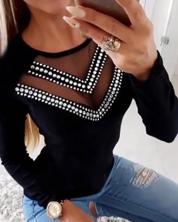 Rhinestone Sheer Mesh Long Sleeve Top