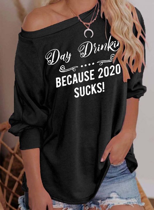 Solid Letter Print Off Shoulder Long Sleeve Tunic Sweatshirt