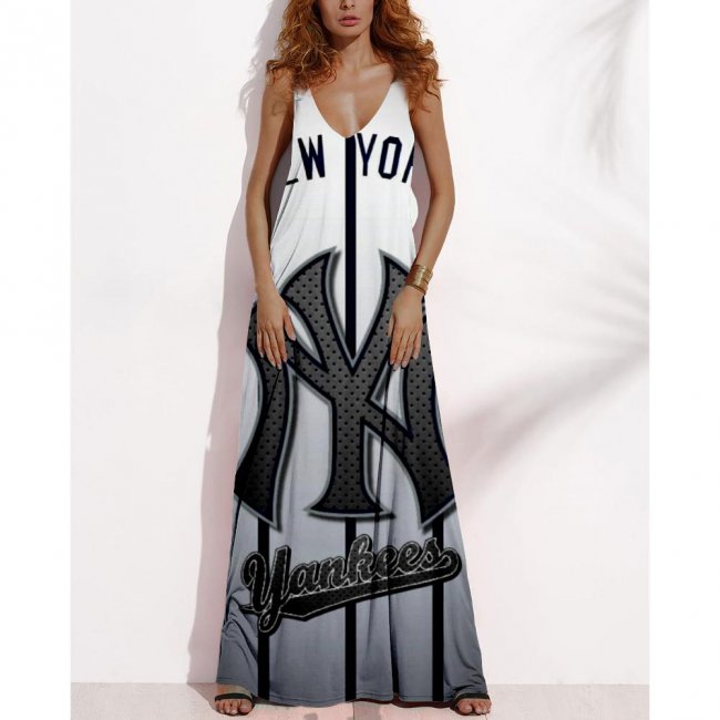 Women's Summer NEW YORK YANKEES Fan Print V-Neck Sleeveless Loose Long A-line Dress