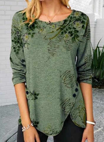 Women's Retro StyleT-shirts Fruits&Plants Long Sleeve Round Neck Casual Split Button Tunic T-shirt