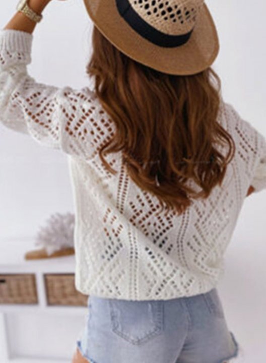 Women's Sweaters Solid Long Sleeve V Neck Cut-out Knitted Hollow Sweater