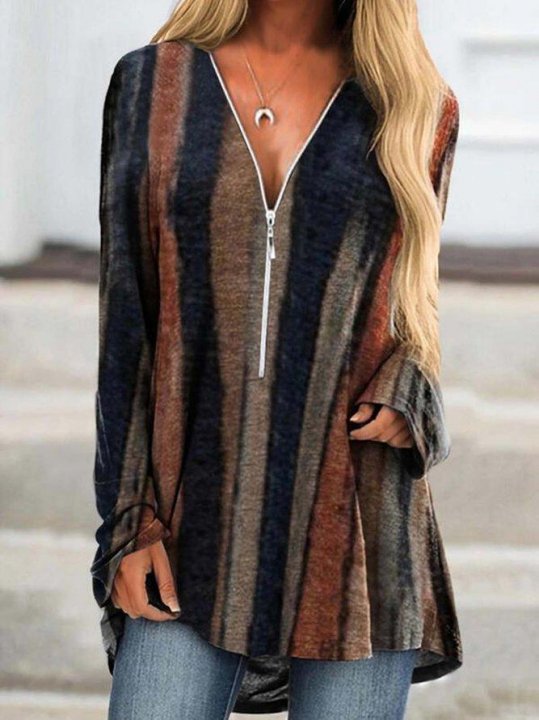 Women's Striped V-Neck Zipper Tunic Tops Long Sleeves Sweatshirt