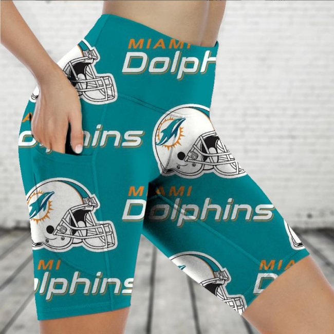 MIAMI DOLPHINS Fitness Running Side Pocket Shorts Tight-Fitting High-Waist Yoga Pants