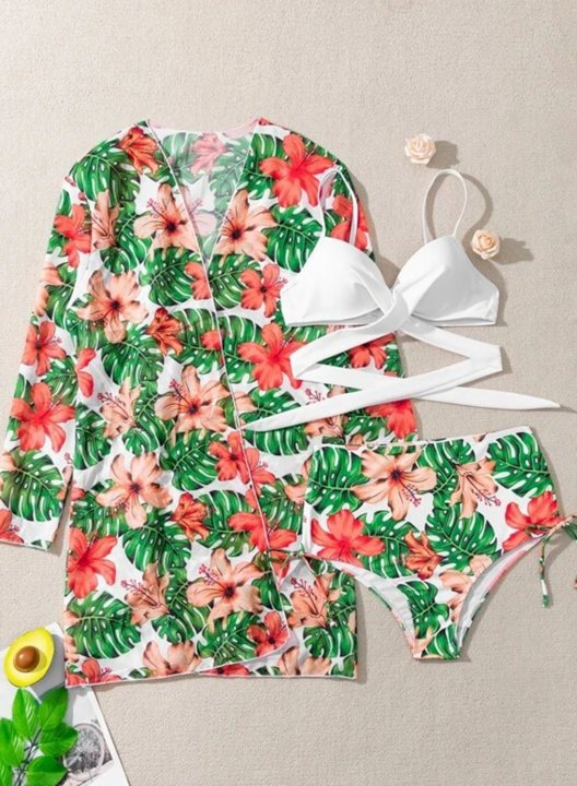 Women's Bikinis Set Floral Vacation Bikini With Cover-ups Bathing Suits