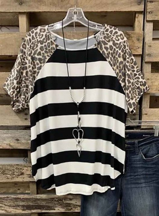 Women's T-shirts Leopard Striped Round Neck Short Sleeve Summer Casual Daily T-shirts