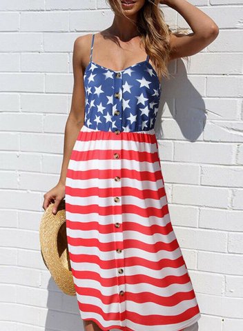Women's American Flag Midi Dress Striped Button Strappy Casual Beach Midi Dress