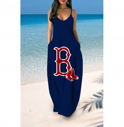 Small V-neck Boston Red Sox Team Print Sleeveless Sling Long Loose Dress